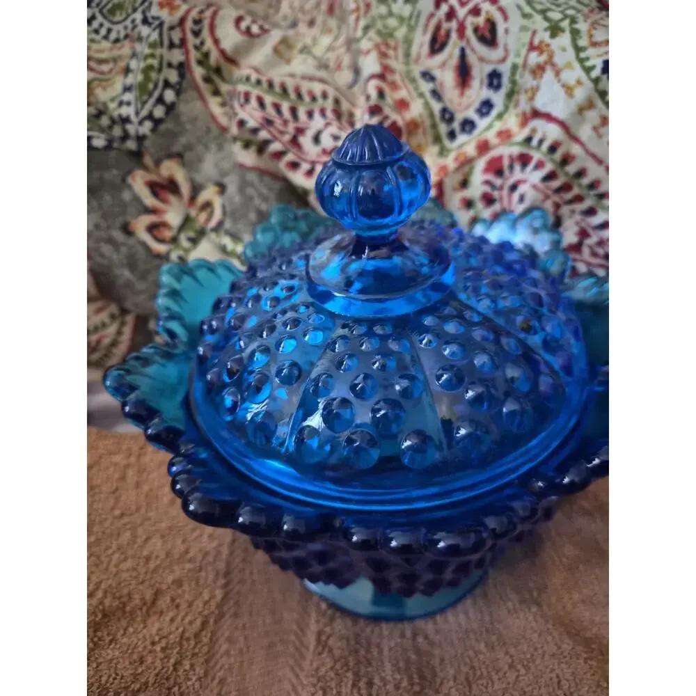 Vintage Fenton Colonial Blue Glass Hobnail Pedestal Covered Candy Dish